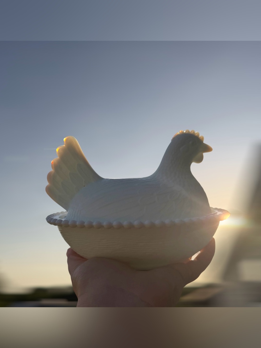 Vintage White Milk Glass Hen on Nest Indiana Glass Ring of Fire 7 Inch